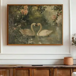 1pc Unframed Antique Swan In Lake Vintage Rustic Poster Romantic Moody Dark Wall Art Canvas Print Minimalist Farmhouse Cottagecore Decor Retro Painting For Couples,Lovers,Apartment,Living Room,Bedroom,Modern Home Decoration