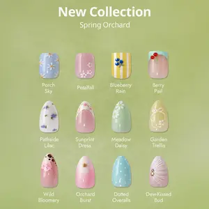 BTArtbox Press On Nails Short - Spring Orchard, Easy-to-Apply 3D Flower Fruit Almond Square French Tip Press On Nails with Glue and Adhesive Tabs in 16 Sizes - 32 Nails All-in-One Kit