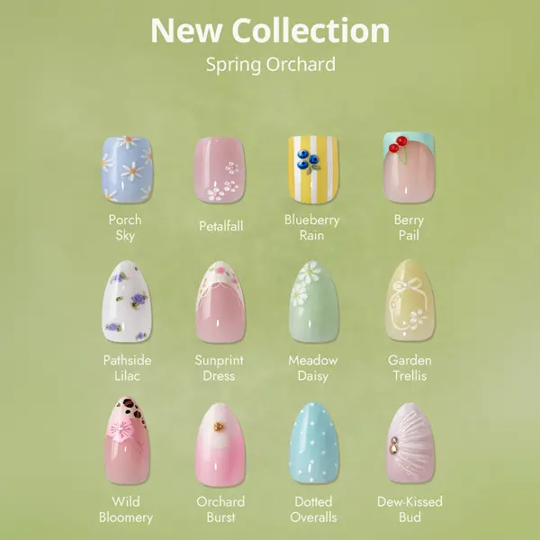 BTArtbox Press On Nails Short - Spring Orchard, Easy-to-Apply 3D Flower Fruit Almond Square French Tip Press On Nail with Glue and Adhesive Tabs in 16 Sizes - 32 Nails All-in-One Kit, Summer Finds Vacation Party