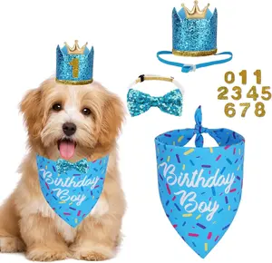 Dog birthday party supplies, multi size birthday headscarves, blue crown dog hat set, suitable for small pets