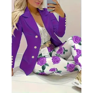 Chic Purple Two-Piece Set for Women - Double-Breasted Lapel Blazer & Floral Print Slim Pants, Mid-Elasticity Polyester, Long Sleeve, Casual Style, Machine Washable - Perfect for Spring/Fall