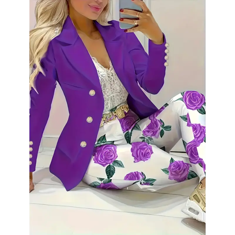 Chic Purple Two-Piece Set for Women - Double-Breasted Lapel Blazer & Floral Print Slim Pants, Mid-Elasticity Polyester, Long Sleeve, Casual Style, Machine Washable - Perfect for Spring/Fall