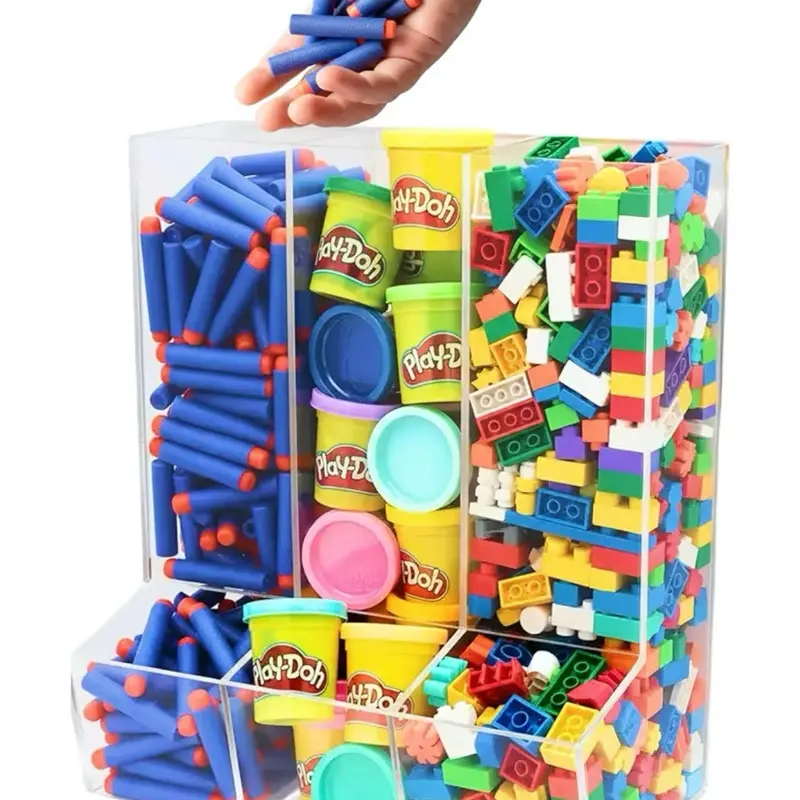Clear Acrylic Toy Organizer Containers - 3 Compartments, Stackable, 3 Pieces, Ideal for Storing Small Toys Like LEGO Bricks, Play-Doh, Nerf Darts (Kidcore Playroom Home Organizer)