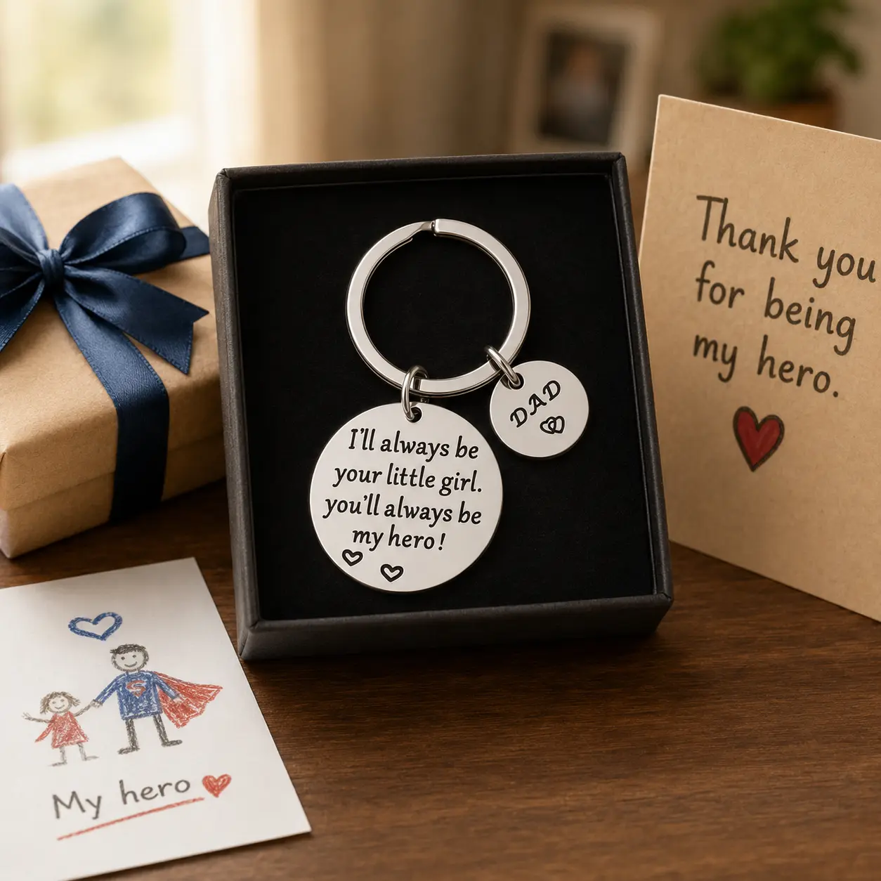 Engraved Message Stainless Steel Round Keychain for Dads, Father's Day Gift from Daughter with Tool Charms, "You'll Always Be My Hero" Meaningful Fashion Car Key Accessory