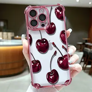 Sexy Wine Cherry Pattern Phone Case ,Electroplated Cover with Airbag Shockproof Soft TPU Cover for iPhone X 11 12 13 14 15 16 17 Pro Max Plus Air Girl
