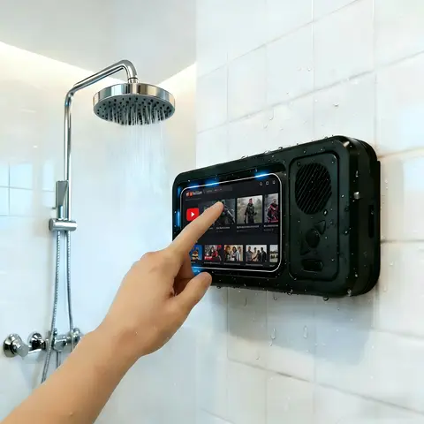 Bluetooth Shower Phone Speaker Holder Subwoofer - 360° Rotating, Anti-Fog Touchscreen Audio Accessory, Grip Stand for Watch Videos, Listen music & Calls in Shower, Bathroom bluetooth speakers Back To School Campaign