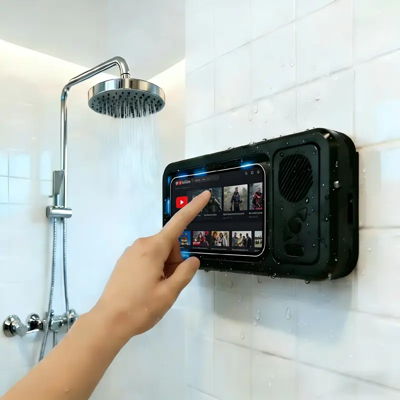 Bluetooth Shower Phone Speaker Holder Subwoofer - 360° Rotating, Anti-Fog Touchscreen Audio Accessory, Grip Stand for Watch Videos, Listen music & Calls in Shower, Bathroom bluetooth speakers Back To School Campaign