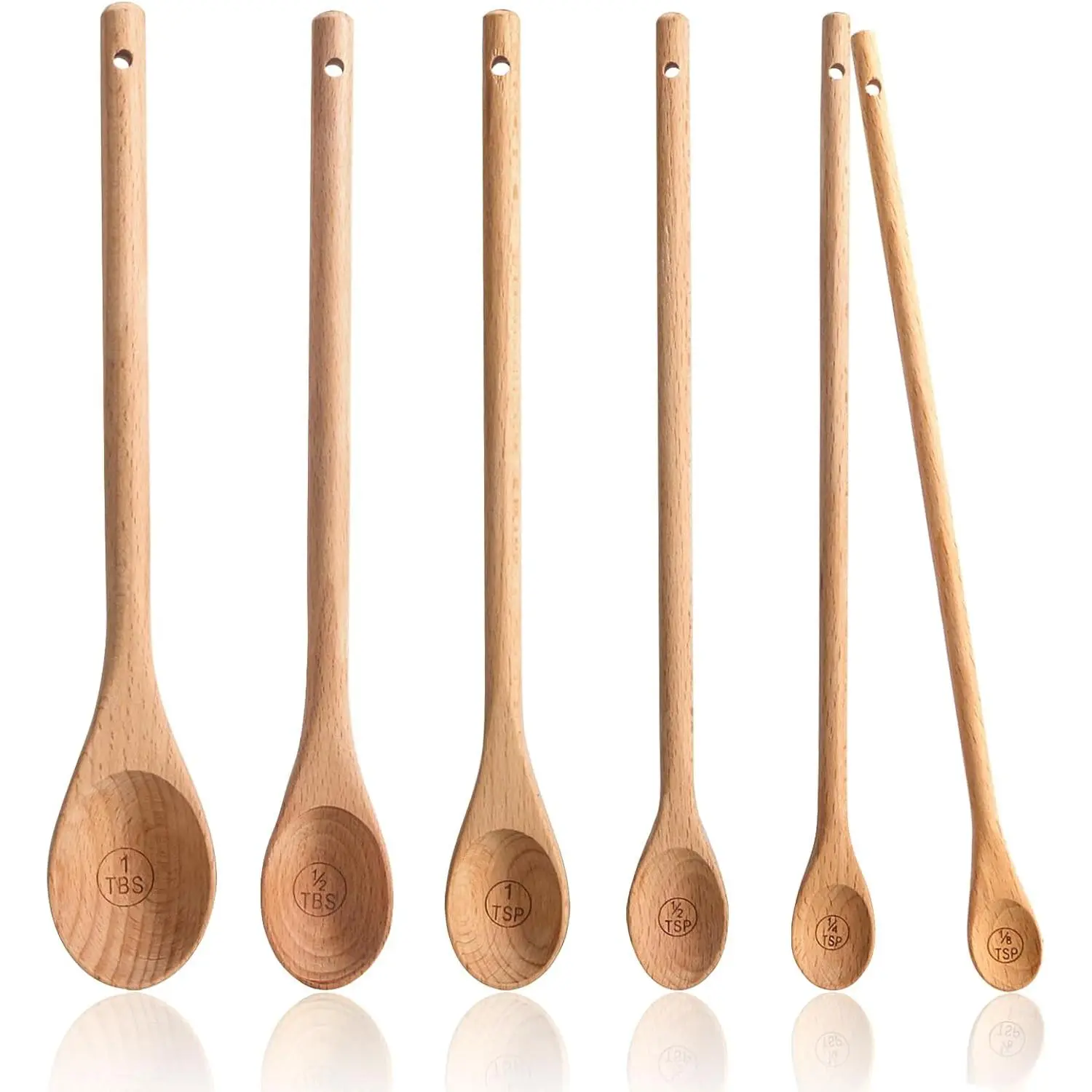 Wooden Measuring Spoons Set of 6 - 10 inch Long Handle Beechwood Measuring Spoons for Measuring Dry Ingredients Cooking Baking Gift