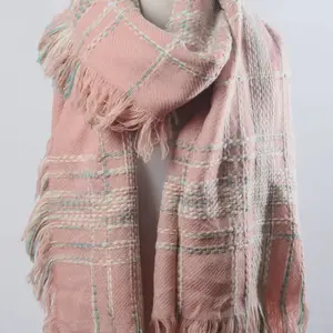 Chunky Multi Colored Plaid Stitch Scarf Pink or Grey