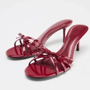 2025 Women's Patent Leather Heeled Mules - Pointed Toe Stiletto Slides |   Bow-Adorned Open-Toe Dressy Sandals |   Summer Slim Heel Slippers