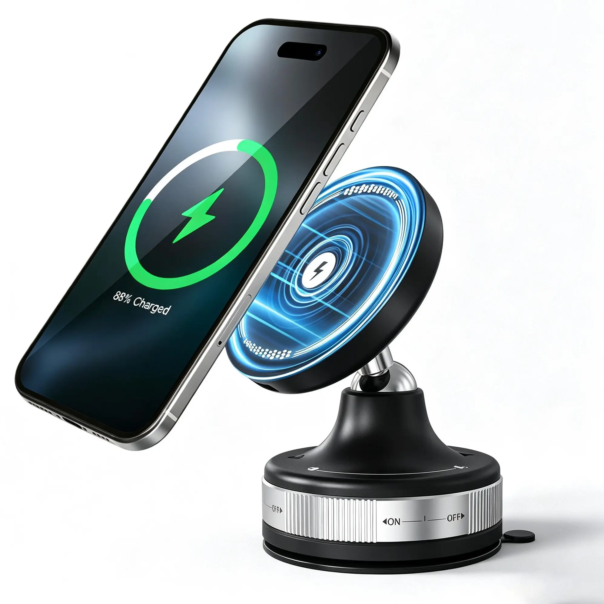 2-in-1 Wireless Charger & Phone Holder for Car, 15W Magnetic Fast Charger with 120LBS Suction Cup, 360° Adjustable Bracket, 2026 Upgraded N55 Ultra-Strong Magnet, 1.5m Cable for iPhone & Android