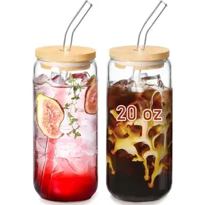 20 OZ Glass Cups with Bamboo Lids and Glass Straw - Beer Can Shaped Drinking Glasses Set, Iced Coffee Glasses, Cute Tumbler Cup, Aesthetic Coffee Bar Accessories, Gift - 2 Pack