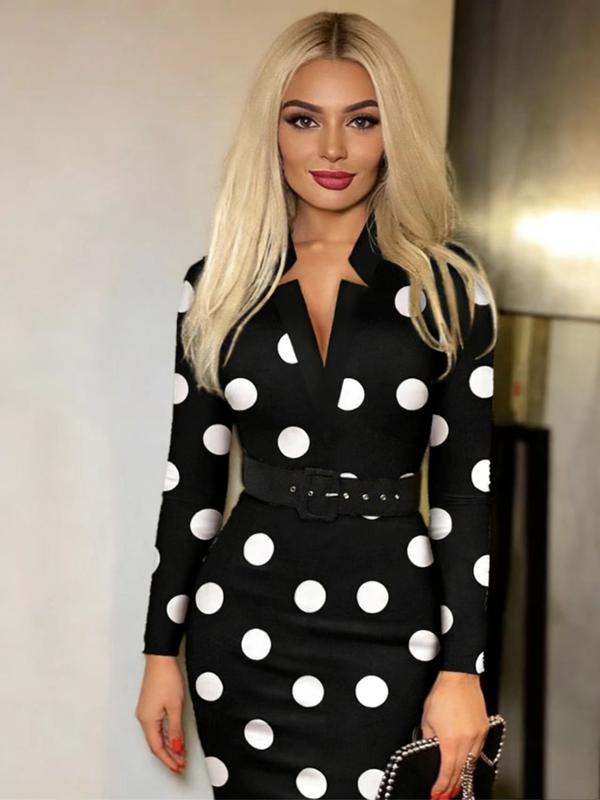 Women's Polka Dot Mid-Length Knit Dress, V Neck, Long Sleeve, Belted, Elegant Bodycon Party Style, Fall Winter, Wedding Season