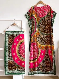 Elegant Bohemian Style Long Robe Set, Multicolor Leopard Print Shawl Dress + Headscarf Scarf, Women's Beach Sun Protection Satin Silk Elegance