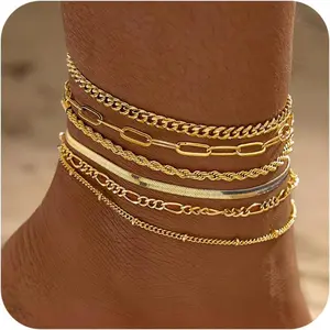 6  Gold Ankle Bracelets for Women,  Plated Gold Layered Anklet Set Waterproof Herringbone Paperclip Beaded Figaro Cuban Link Chain Beach Stackable Anklet Bracelet  Gift for Women