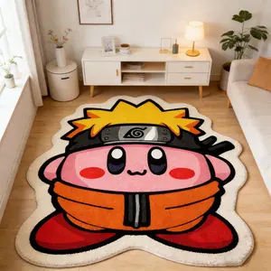 Cute Pink Ball Ninja Alien Carpet Cartoon Pattern Rug Color Contrasting Plush Floor Mat Bedside Anti slip Water absorbing Foot Mat Anime Fan Room Decoration Mat Compatible with Ins Style/Trendy Play Personalized Home Decoration