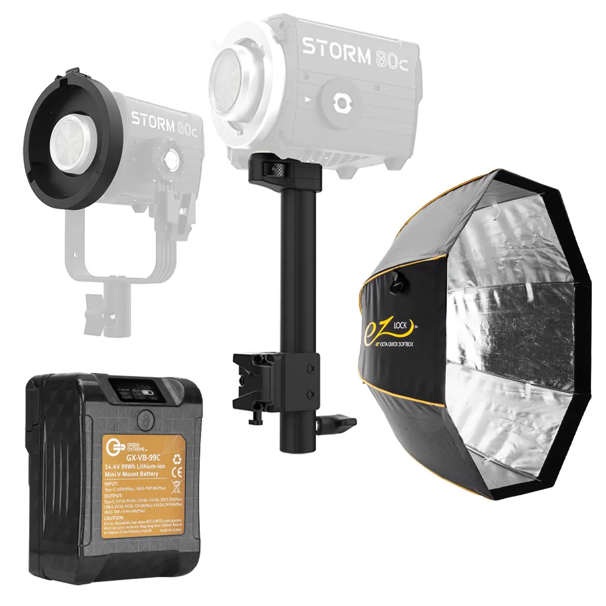 Aputure Handheld Bracket Handle for STORM 80c LED Light, Bundled with Mini ProLock-to-Bowens Mount Adapter, Green Extreme 99Wh 14.8V Lithium-Ion Mini V-Mount Battery, 48" EZ Lock Octa Quick XL Softbox Camera Accessories, Cable