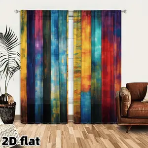 2D Flat 2Pcs Colorful Watercolor Rainbow Curtains Panel, Abstract Art Design, Rod Pocket Style, Semi Sunshade Polyester Fabric, Boho Home Window Treatments, Interior Decoration Accessories, Artistic Home Decoration, Room Decor Curtain