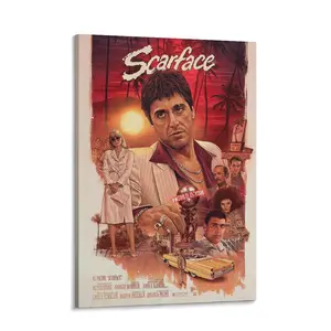 Scarface Movie Poster Vintage Canvas Art Wall Decor Painting for Modern Home Bedroom Decoration Classic Film Artwork with Solid Wood Frame Waterproof Design