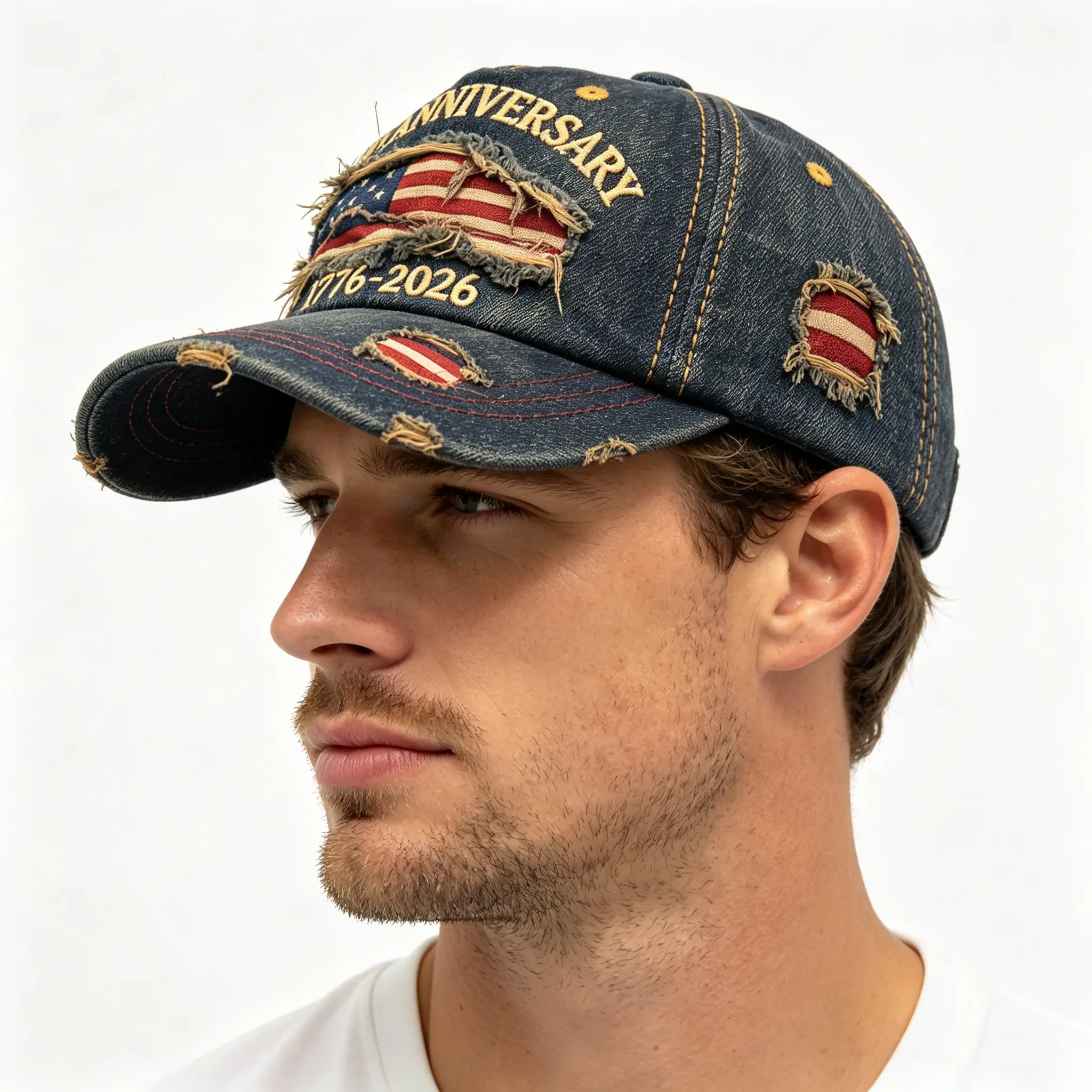 [New Upgraded] America250 1776-2026 250th Anniversary Patriotic Denim Baseball Cap - Vintage Washed Distressed Denim Fabric, Embroidered American Flag Motif, Breathable, Buckle-Adjustable Unisex Hat for 4th of July, Daily Use, Hand Wash Only