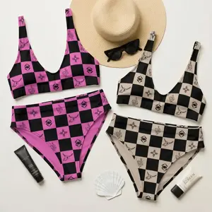 Women High Waist Western Cowgirl Bikini Set Black Checker Bull Skull Snake Zia Sun Aztec Print Comfy Swimsuit Country Music Festival Beach Summer