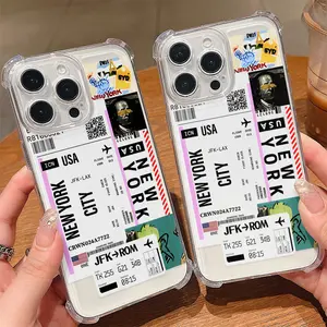 New York Boarding Pass Collage Y2K Phone Case Suitable for iPhone 17 16e 16 15 14 13 12 11 Mini Pro Max Air X XR XSMAX 8 7 Plus Anti Fall Protection Transparent Soft Back Cover