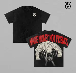 Make Money Not Friends Graphic Tee – Vintage Washed Oversize Streetwear T-Shirt, Money Print Hip Hop Rap Inspired Top, Heavyweight Cotton Urban Outfit