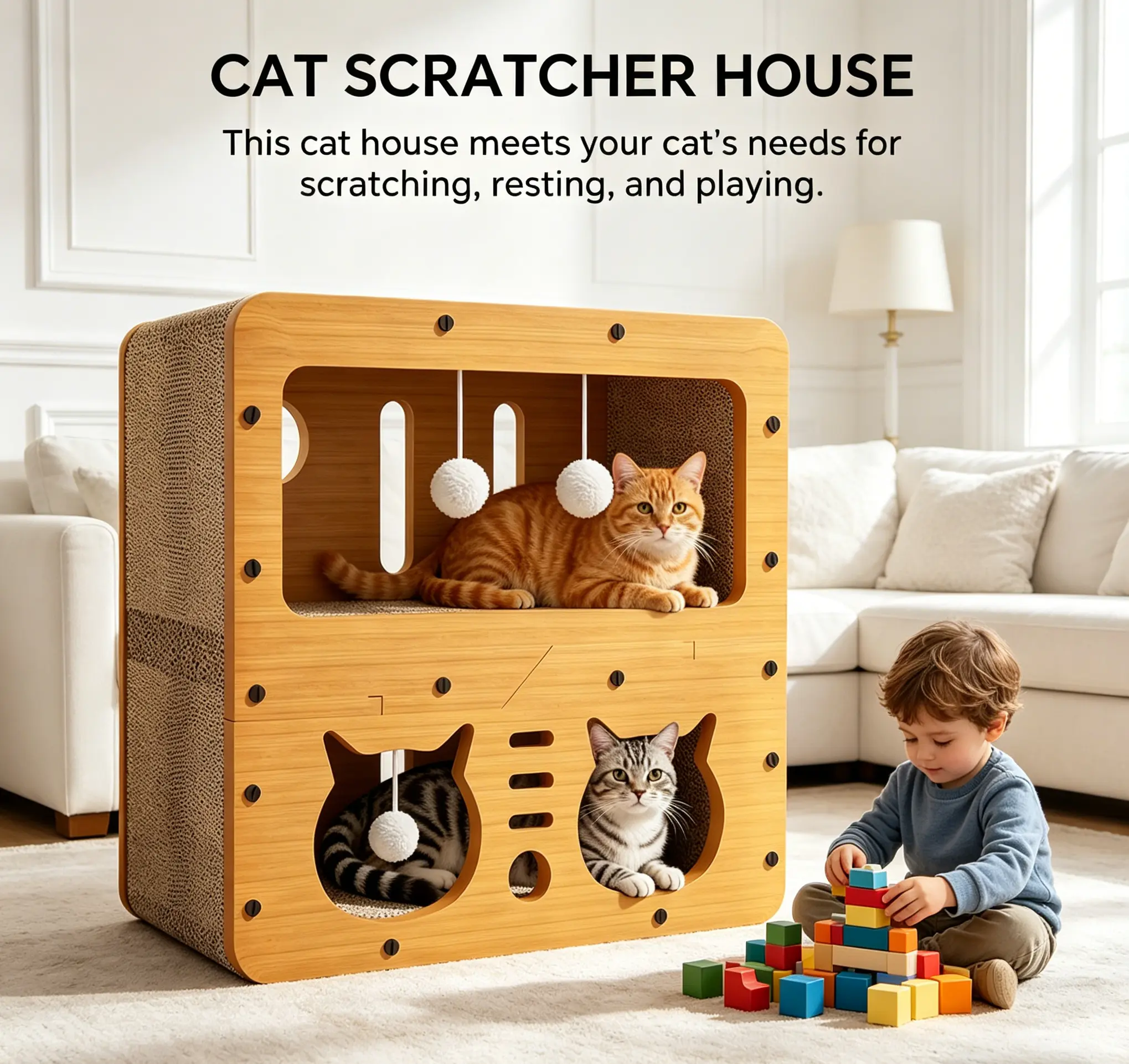 2-in-1 Multi-Cat Scratch Bed House, Pom-Pom Cat Toy Ball Included, Cozy Nest, Double Pet Bed, Anti-Scratch, Breathable, Easy to Assemble, Scratch Bed Houses