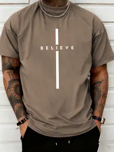 Men's "Believe" Vertical Cross Graphic T-Shirt, Christian Faith Casual Streetwear, Religious Minimalist Short Sleeve Top #ChristianApparel #FaithWear #ReligiousTee #MinimalistFashion #TikTokMadeMeBuyIt