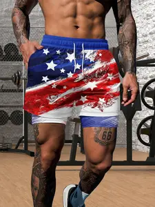 Men's Summer Dual-Layer Beach Shorts, Usa Independence Day Flag Print, Quick-Dry, Loose Fit, Drawstring Waist, Casual Outdoor Wear