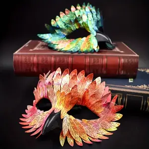 Carnival Masquerade Feathered Bird Mask, Multicolor Gradient Design, Durable Plastic Material, Perfect Halloween Costume Accessory