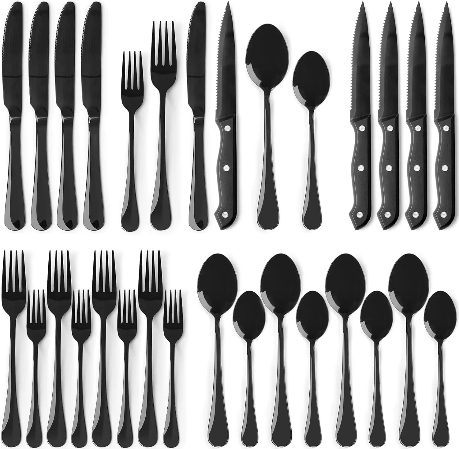 24-Piece Black Silverware Set with Steak Knives, Flatware Set for 4, Food-Grade Stainless Steel Cutlery Set, Mirror Polished Process Utensils Set, Include Spoon and Fork for Home Kitchen Restaurant