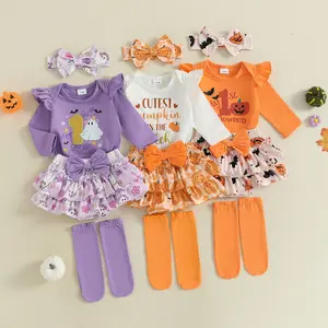 Newborn Baby Girl Halloween Outfit Ruffle Romper+Bloomers Tutu Layered Skirt+Headband 3Pcs First Halloween Set