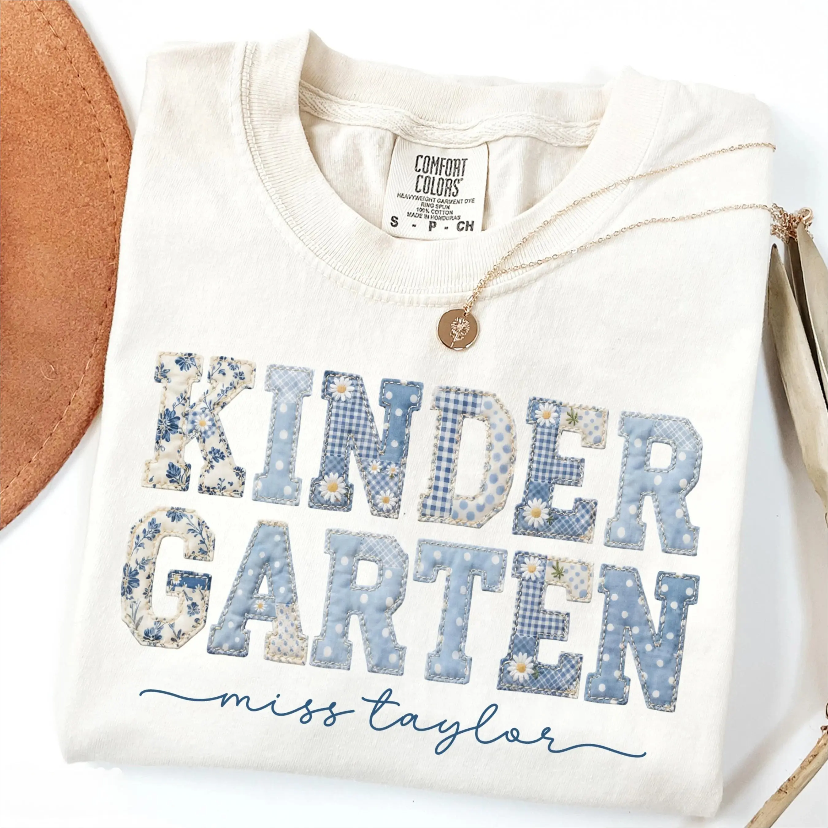 Custom Kindergarten Teacher Comfort Colors T-shirt, Personalized Teacher Name T-Shirt, Floral Blue Faux Patchwork Educator Back to School