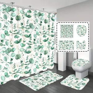 1pc/4pcs, bathroom curtains shower, bathroom set, shower curtains, bathroom decor, Bathroom Decoration Accessories, bathroom rug, bathroom mat, Eucalyptus Leaf Pattern, Plant Theme Decoration, with 12 hooks, Bathroom Supplies