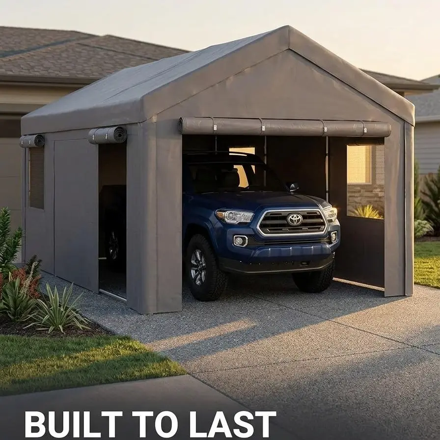 Aoxun 12x20ft Rectangular Heavy-Duty Car Canopy Cover - Portable Garage with Sidewalls, Side Roll-Up Door, Sidewall Base, Waterproof Outdoor Storage, Protection for Vehicles, Portable Setup, Gray