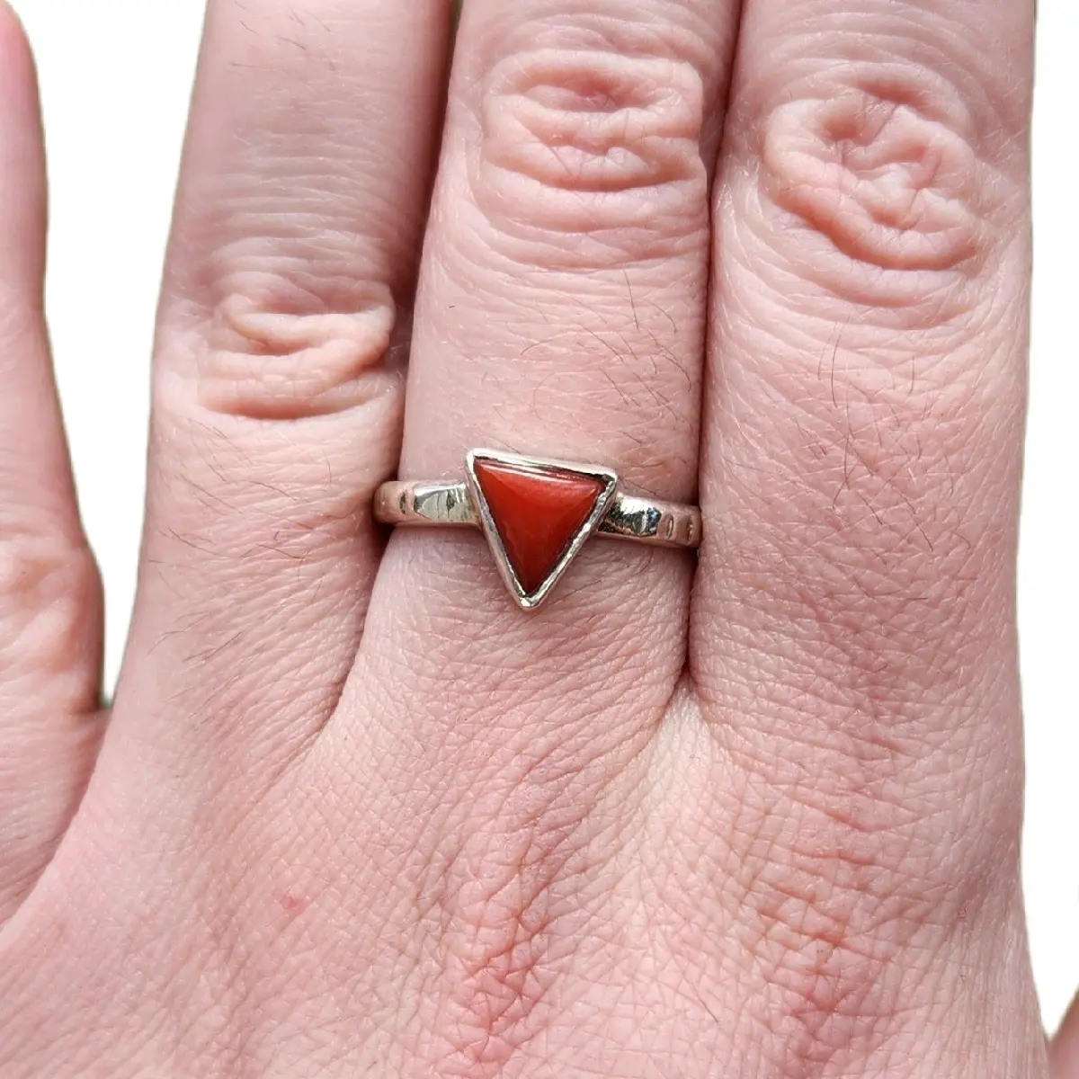 Sterling Silver Triangle Coral Ring with Textured Band