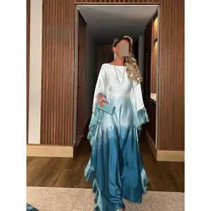 Hafizah Gradient Fringe Loose Abaya Long Dress, Islamic Abaya Dress, Satin Batwing Sleeve Elegant Dress, Middle Eastern Luxury Women's Clothing