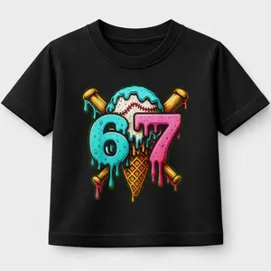 67 Baseball Ice Cream Drip T-Shirt For Young Boys Girls T-shirt Crewneck Light Cotton