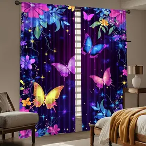 Background Colorful Butterfly Print Curtains, 2 Piece Set Modern Design, Durable Polyester Fabric, Ideal for Living Room and Bedroom Decor