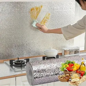 Kitchen Wallpaper Oil Proof Aluminum Foil Backsplash Self Adhesive Contact Paper Cabinet Liner Waterproof Heat Resistant Peel & Stick 30x100cm Silver Color Non-Woven Fabric