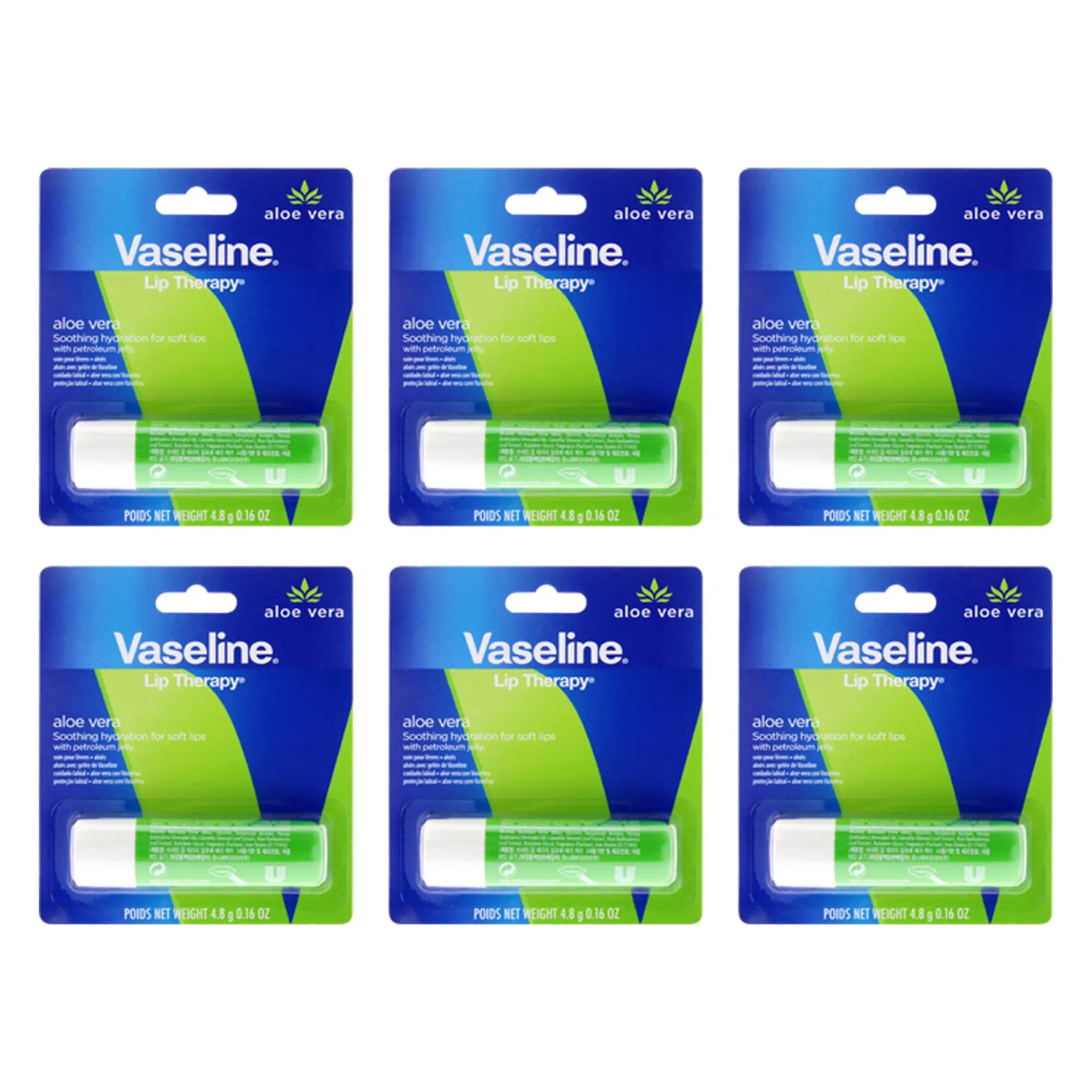 Vaseline Aloe Vera Lip Therapy Petroleum Jelly - Gentle, Soothing Daily Lip Care for Women - 0.16oz, Pack of 6