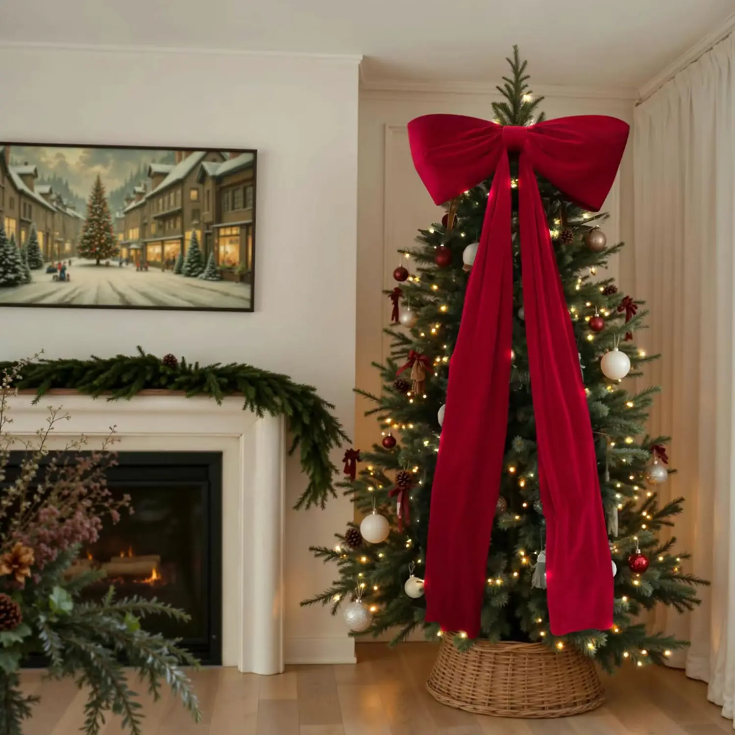 Christmas decorations, holiday decor, Festive decoration, giant Christmas tree bows, large velvet bows, garland ribbon, tree top window and wall decorations, indoor home party, party decoration supplies, Decorative Ornaments, Party Atmosphere Props