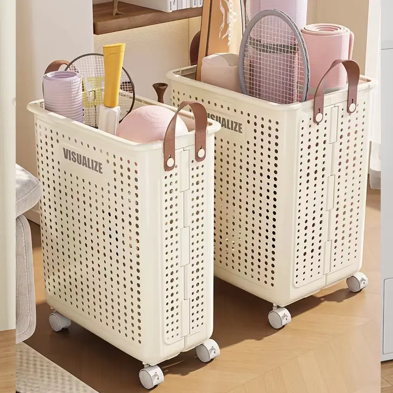 Foldable High-Capacity PP Laundry Basket with Wheels - White, Gray Handle, Bisphenol A-Free, Durable, Modern Minimalist, Hollow, for Narrow Space Storage, Bathroom Use, Decorative Room Decor