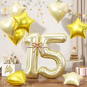 Champagne Gold 15th Birthday Balloon Set Number 15 Foil Balloons, Stars & Hearts for Parties