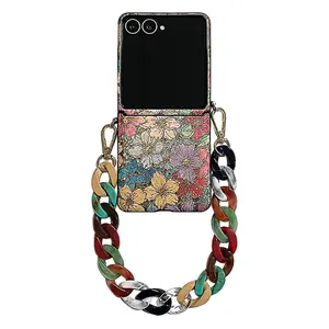 Korean Aesthetic Art Full-Screen Color Oil Painting Flowers with Resin Wrist Strap Foldable Full Protection Anti-Drop Phone Case for Samsung Galaxy Z Flip 7 / Z Flip 6 / Z Flip 5 / Z Flip 7 FE