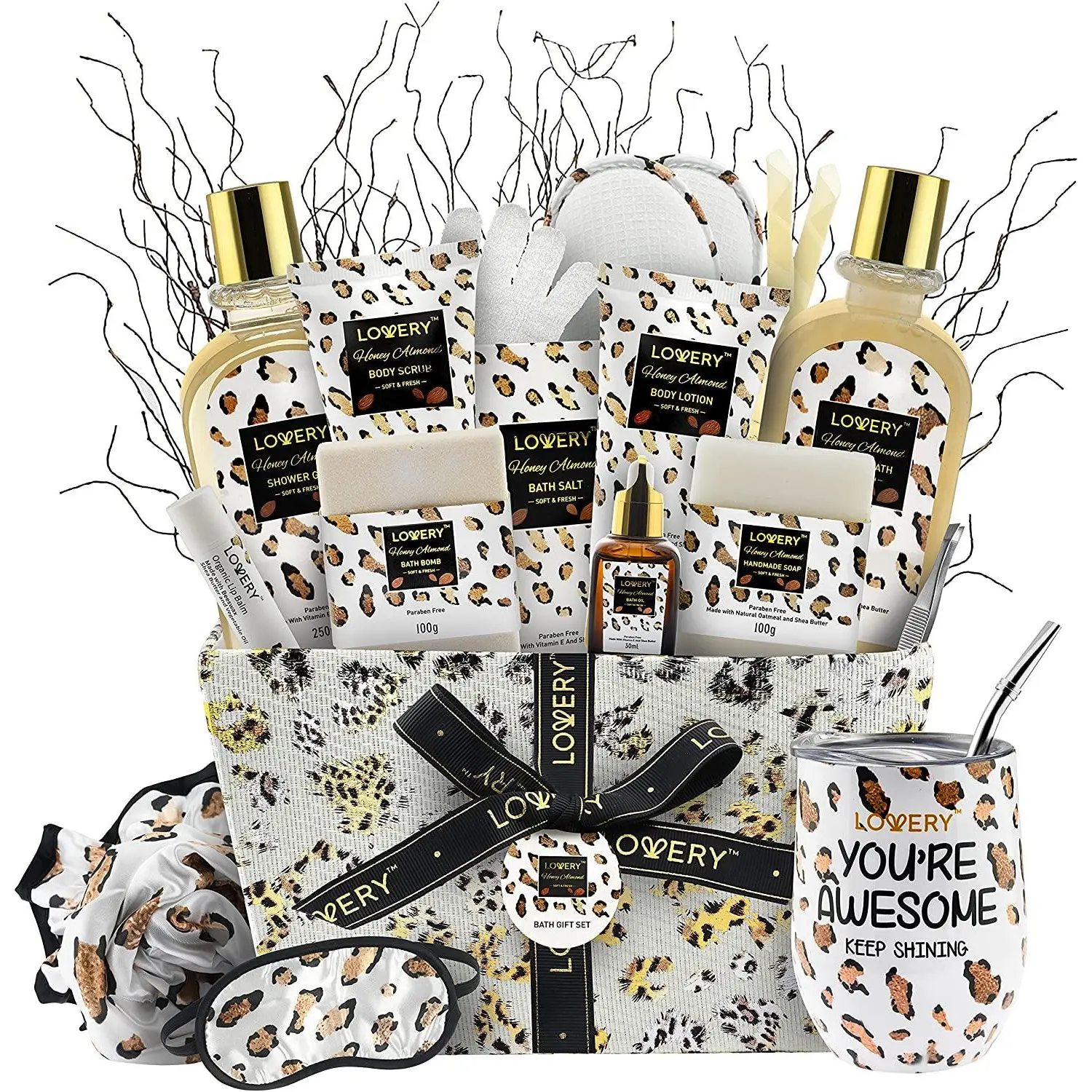 Honey Almond Home Spa Kit - 21Pc Bath and Body Leopard Print Gift Basket Luxury Set