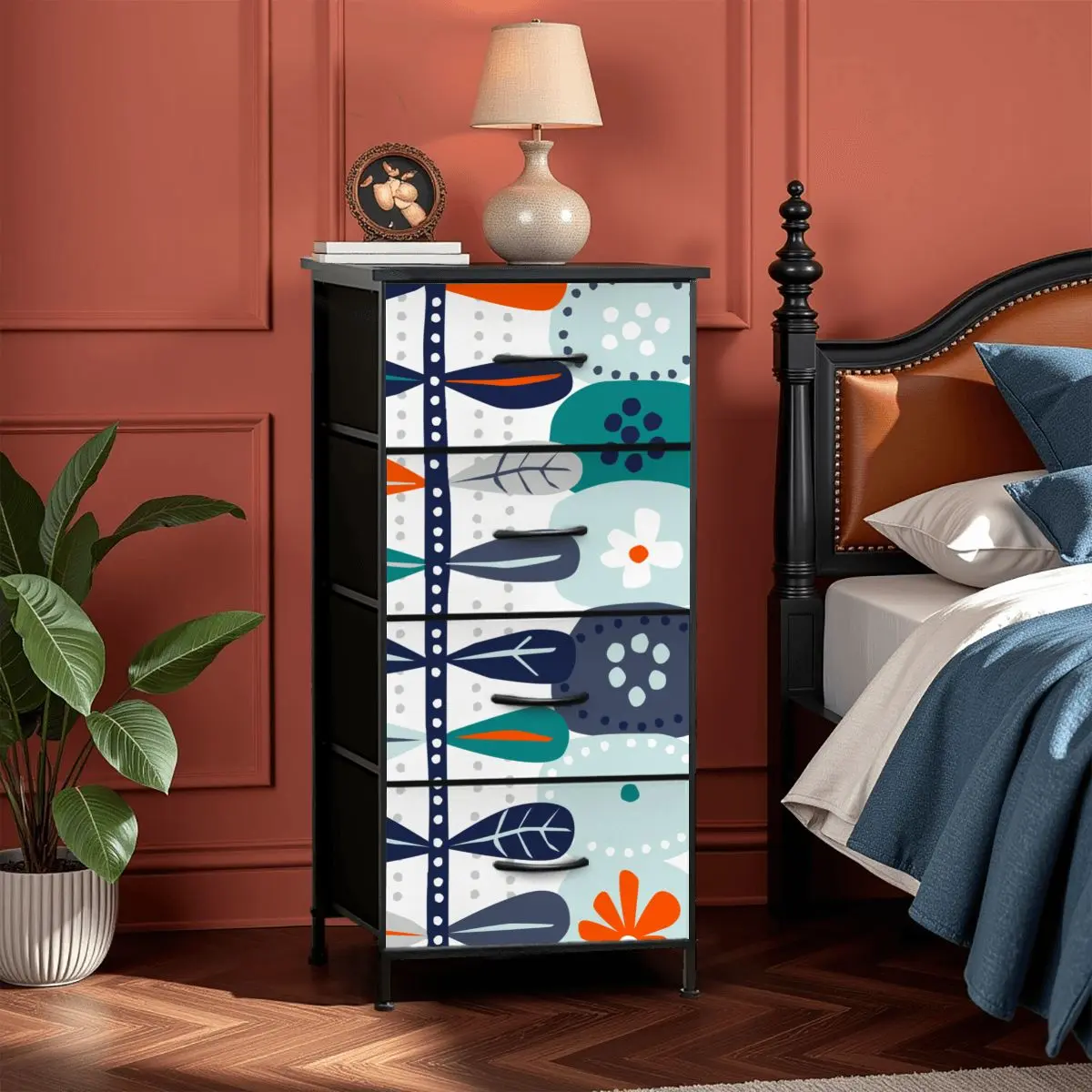 Scandinavian Blue Orange White Teal Modern Danish Floral 4-Drawer Dresser