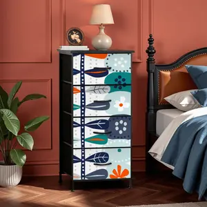 Scandinavian Blue Orange White Teal Modern Danish Floral 4-Drawer Dresser