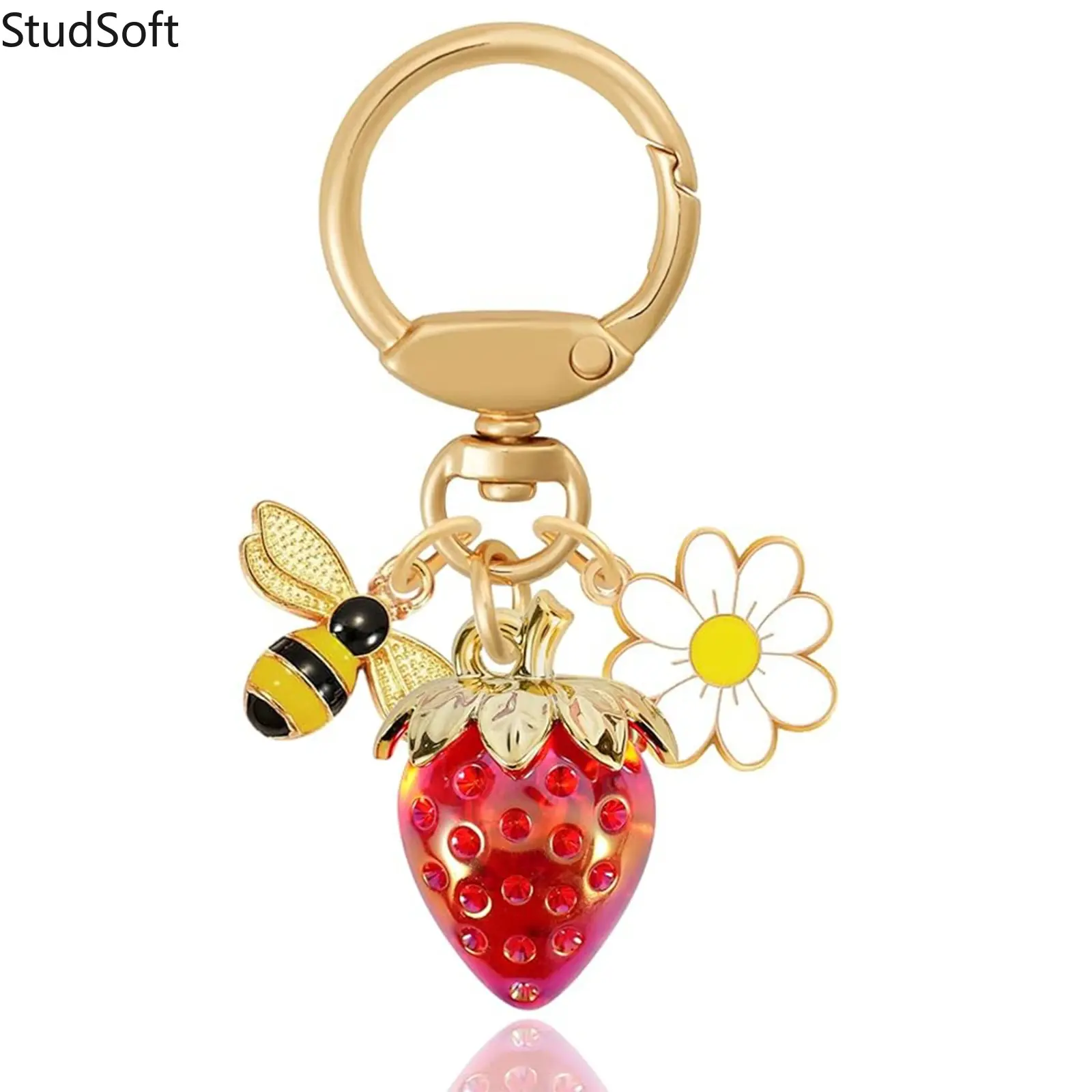 Fruit Keychain Stylish Kawaii Pink Charm Bag Chain - Cute Strawberry, Floral & Honeycomb Pendant Clip Accessory for Sports & Outdoor Luggage, Backpacks, Stylish Keychain